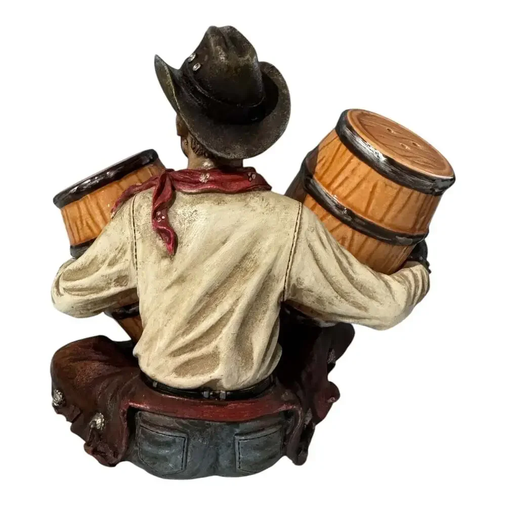Rivers Edge Cowboy Holding Barrels Salt Pepper Shaker Set Western Rustic